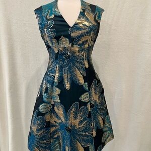 Vince Camuto Teal and Gold Jacquard Mini Dress